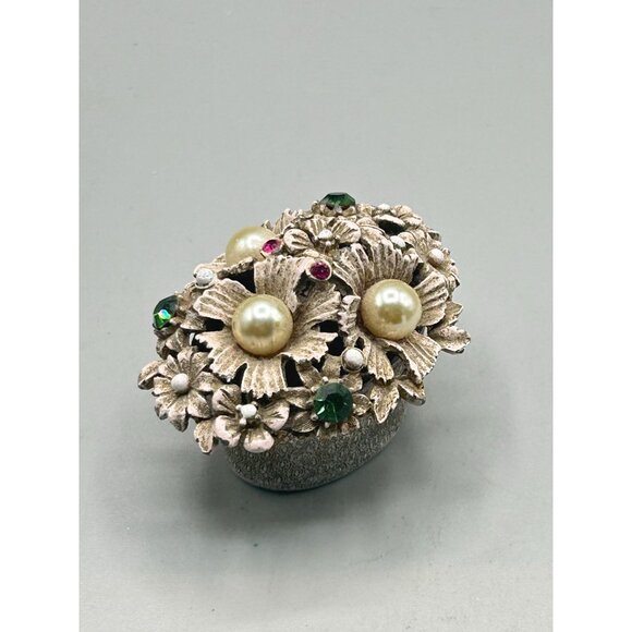 Vintage Florenza Small Enameled Trinket Box Basket of Flowers Rhinestones Pearls - Picture 4 of 14